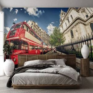 Papel de Parede Premium Sand - Rua de Londres em cinza e vermelho - Cidade, Londres, ônibus vermelho - 500x350 cm