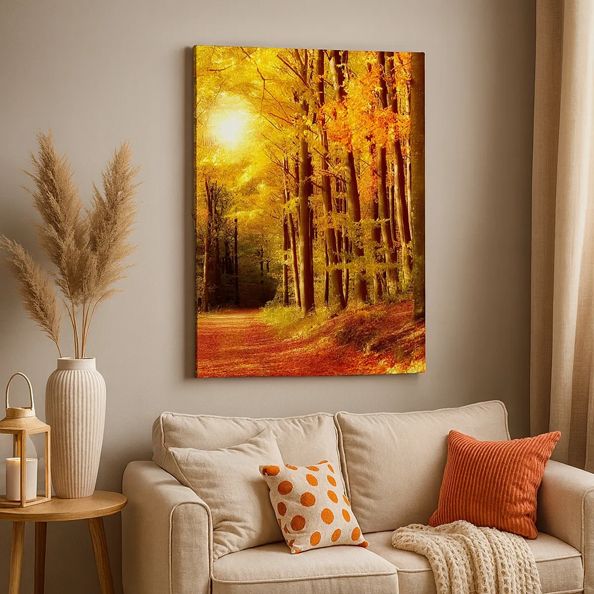 Quadro em tela - Outono dourado na estrada da floresta - 50x70 cm