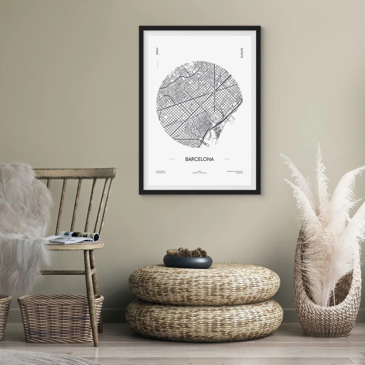 Pôster com moldura preta - Um mapa minimalista de Barcelona em preto e branco. - 50x70cm - Anatomia de Barcelona - Decoração de parede moderna para a sala de estar e quarto ARTTOR