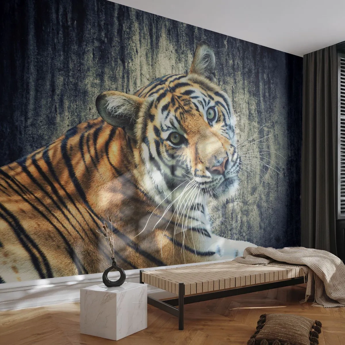 Papel de Parede Autocolante Deluxe Sticker - Retrato em feixes de luz - Animais, Tigre, África - 250x175 cm