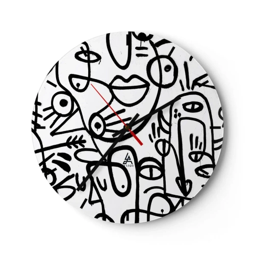 Relógio de parede - Relógio em vidro - Rostos de arte abstrata em fundo branco - 30x30cm - Rostos e miragens - Decoração de parede moderna para a sala de estar, cozinha e quarto ARTTOR
