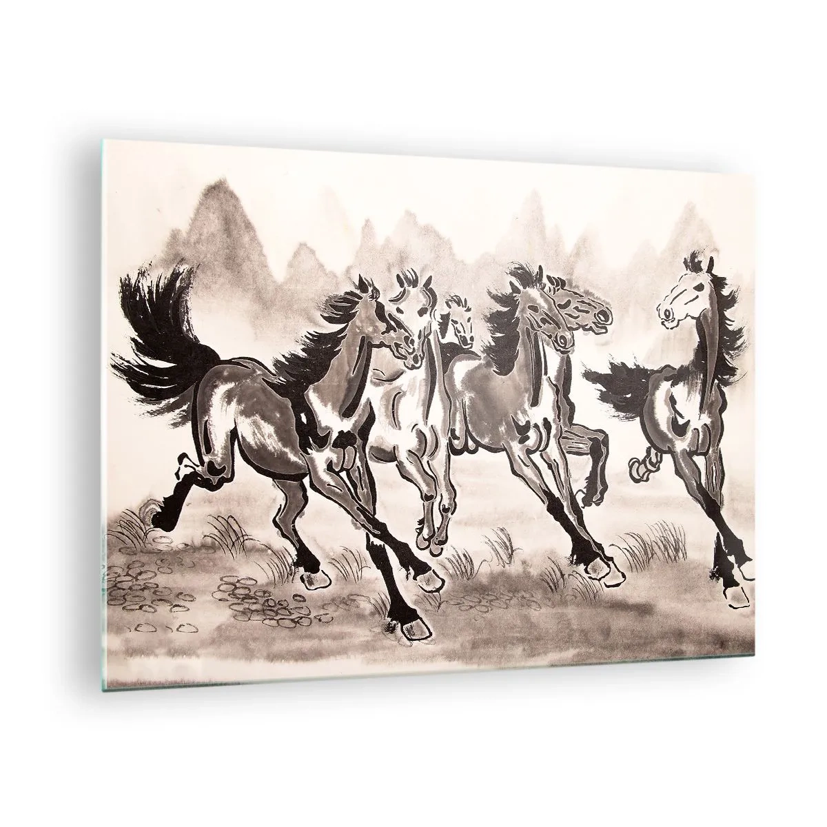 Quadro em vidro - Um grupo de cavalos galopando no estilo chinês - 70x50cm - Num galope alegre - Decoração de parede moderna para a sala de estar e quarto ARTTOR