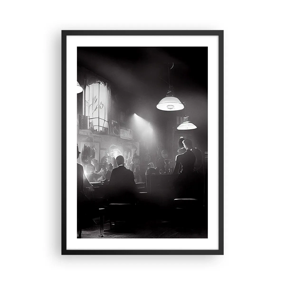 Pôster com moldura preta - Uma cena em preto e branco de uma boate de jazz atmosférica - 50x70cm - Em uma atmosfera de jazz - Decoração de parede moderna para a sala de estar e quarto ARTTOR