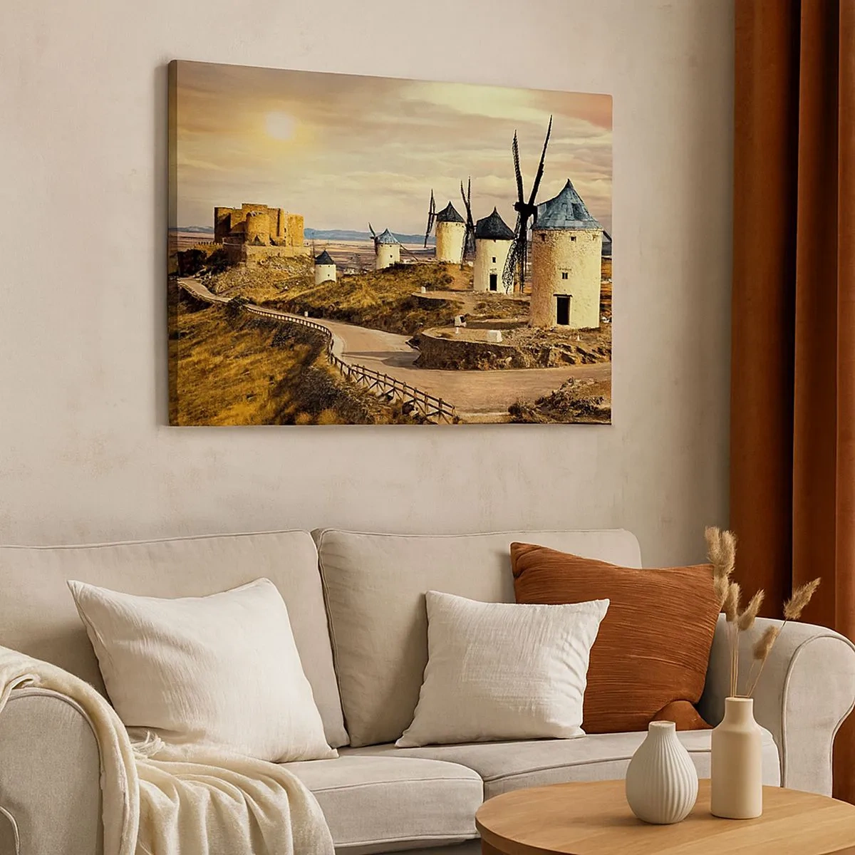 Quadro em tela - Moinhos de vento nas colinas com um castelo histórico ao fundo - 70x50cm - Dom Quixote está prestes a aparecer - Decoração de parede moderna para a sala de estar e quarto ARTTOR
