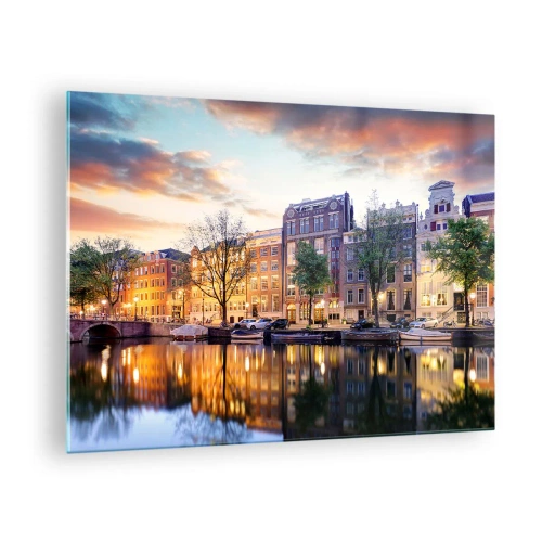 Quadro em vidro - Canal de Amsterdã ao pôr do sol com reflexo na água - 70x50cm - Beleza holandesa contida e calma - Decoração de parede moderna para a sala de estar e quarto ARTTOR
