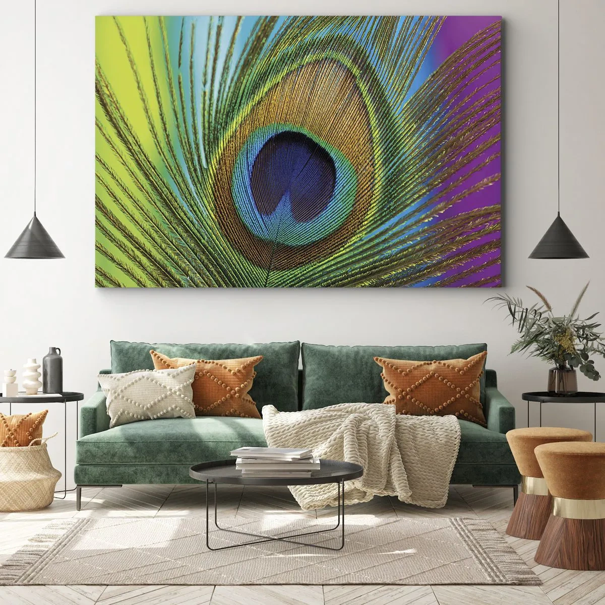 Quadro em tela - Close-up de uma pena de pavão com cores vivas - 70x50cm - Olho no olho - Decoração de parede moderna para a sala de estar e quarto ARTTOR