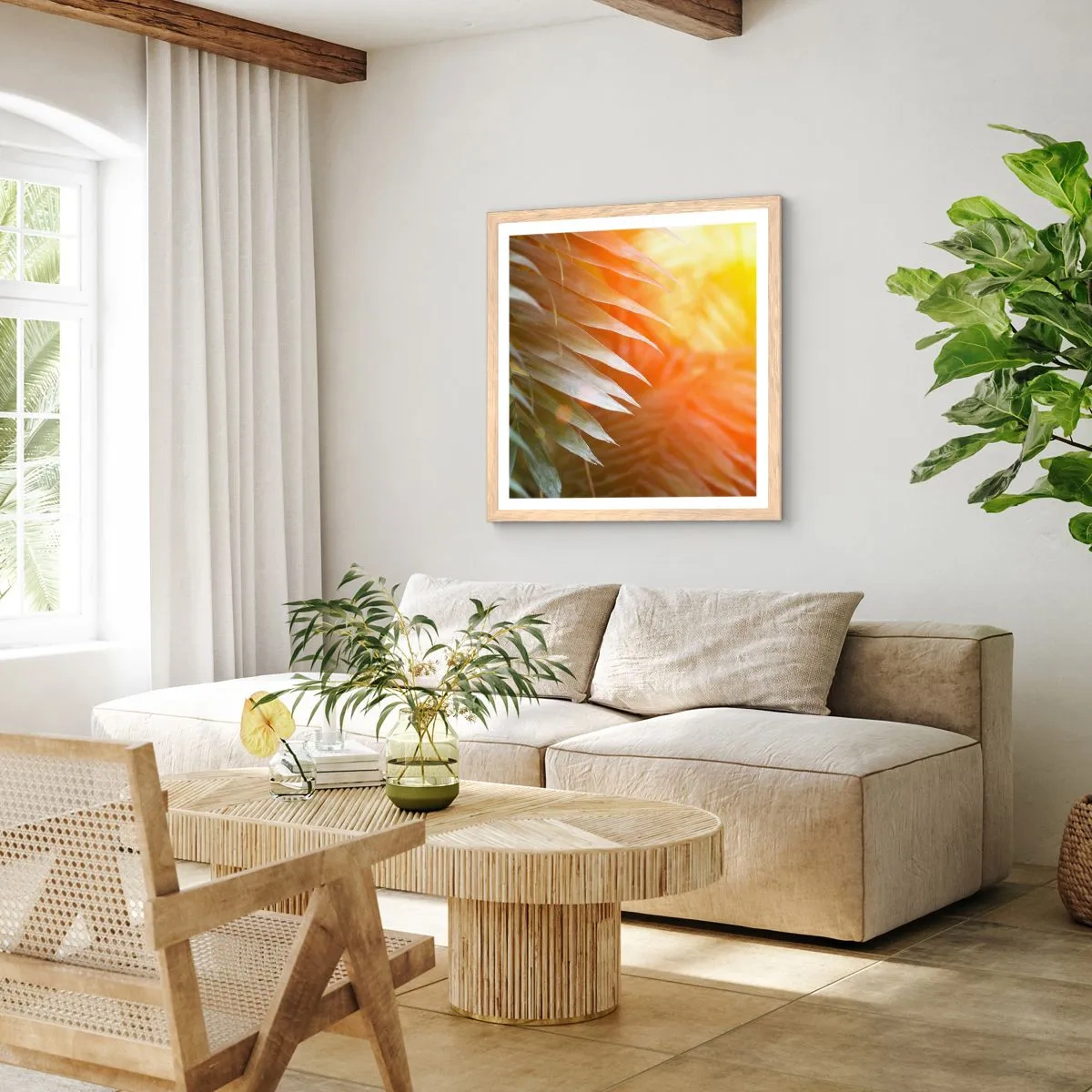 Pôster com moldura de carvalho claro - Manhã na selva - 60x60 cm