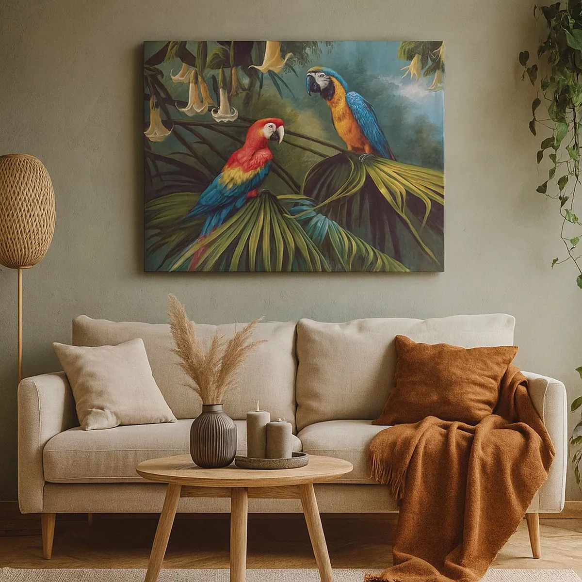 Quadro em tela - Papagaios em uma floresta tropical com flores exóticas ao fundo - 70x50cm - Romantismo nos trópicos - Decoração de parede moderna para a sala de estar e quarto ARTTOR