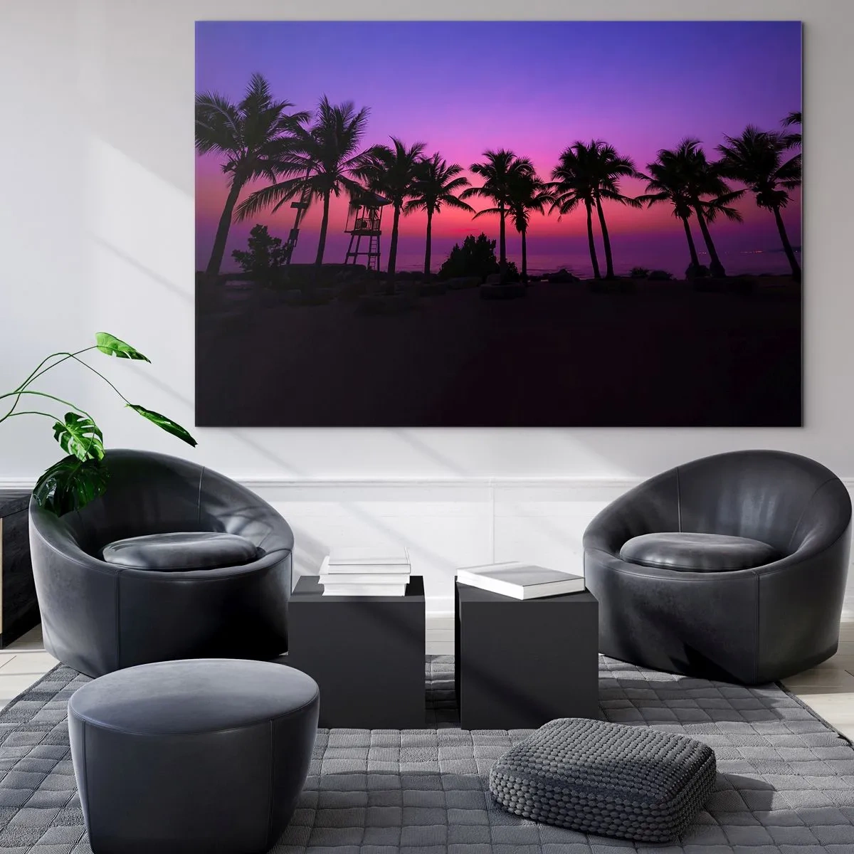 Quadro em vidro - Palmeiras tendo como pano de fundo um pôr do sol rosa-púrpura - 70x50cm - Uma noite sob as palmeiras - Decoração de parede moderna para a sala de estar e quarto ARTTOR
