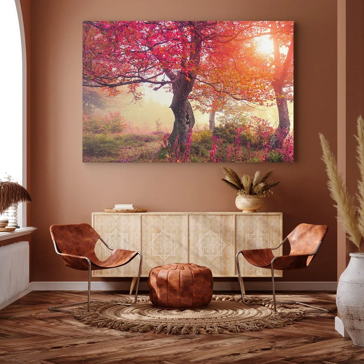 Quadro em tela - Paisagem de outono com árvores em cores intensas - 70x50cm - Um frenesi de florescimento - Decoração de parede moderna para a sala de estar e quarto ARTTOR