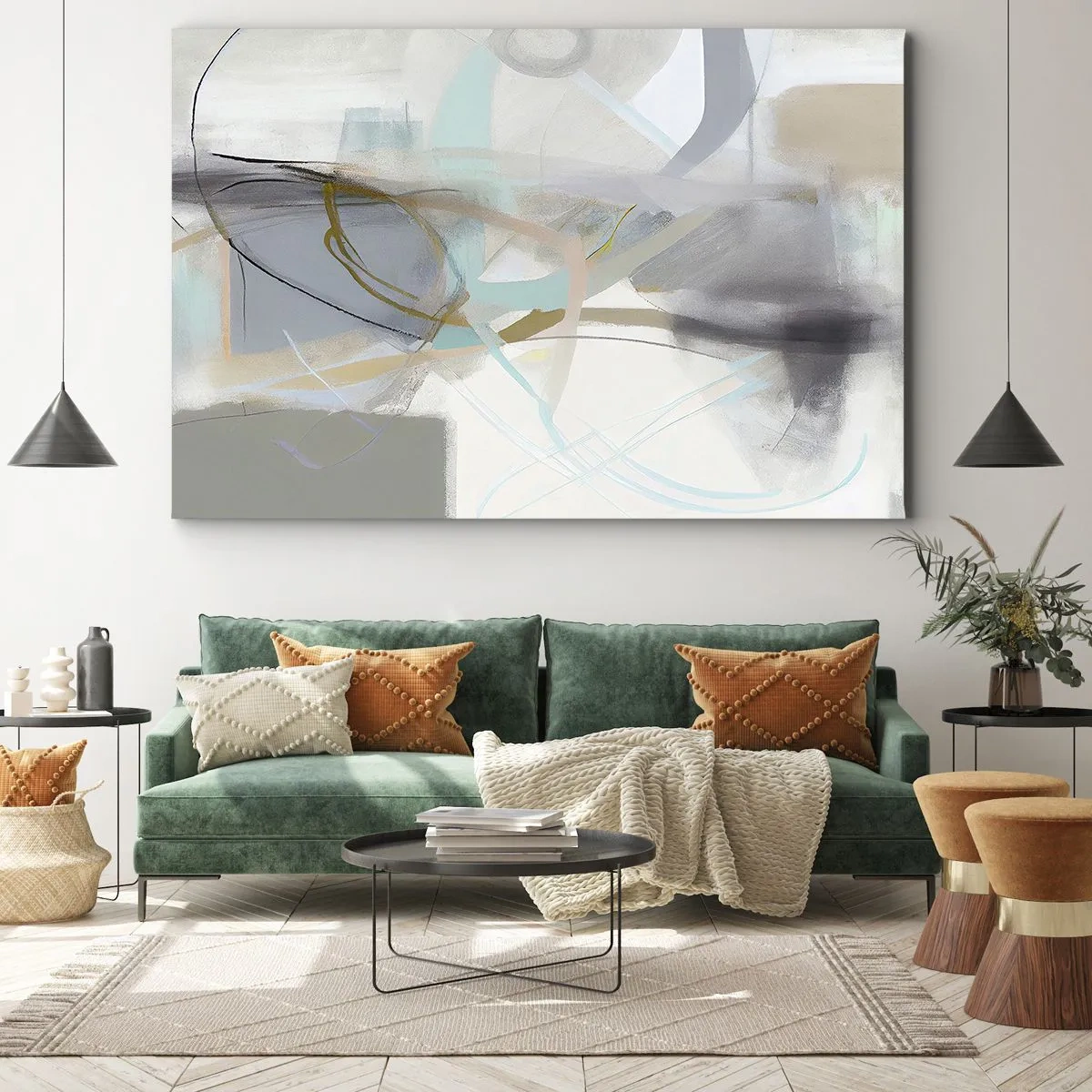 Quadro em tela - Abstração pastel com linhas delicadas - 70x50cm - Abstração enevoada - Decoração de parede moderna para a sala de estar e quarto ARTTOR