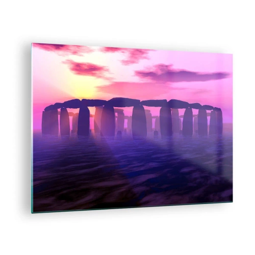 Quadro em vidro - Stonehenge à luz de um pôr do sol rosa - 70x50cm - O mistério do amanhecer no nevoeiro - Decoração de parede moderna para a sala de estar e quarto ARTTOR