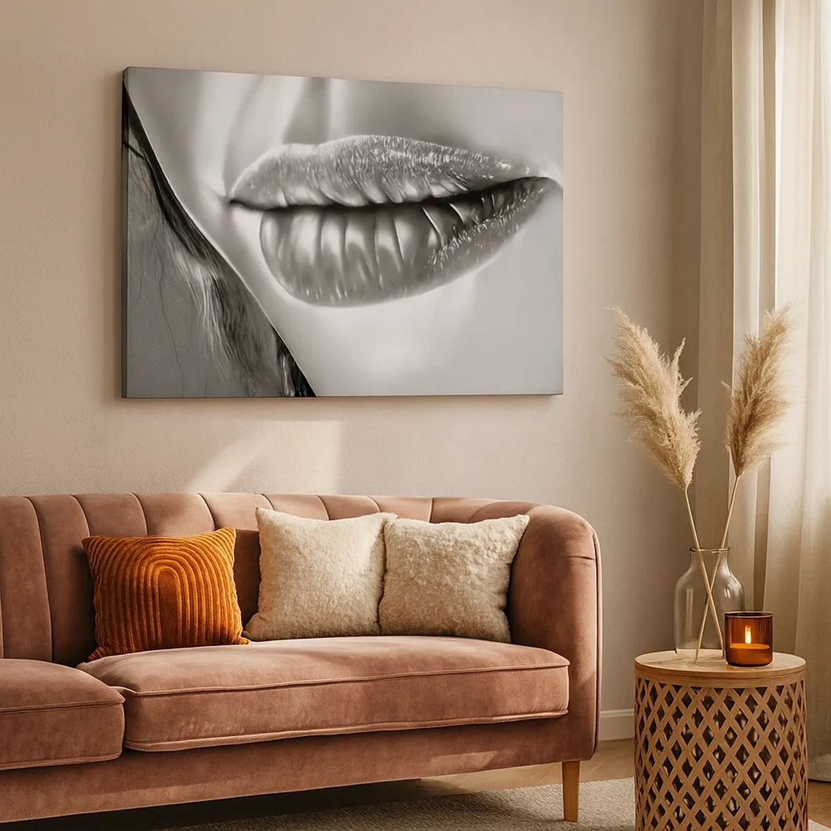 Quadro em tela - Close em preto e branco dos lábios de uma mulher com efeito brilhante e detalhes. - 70x50cm - Eu sei o que está a pensar... - Decoração de parede moderna para a sala de estar e quarto ARTTOR