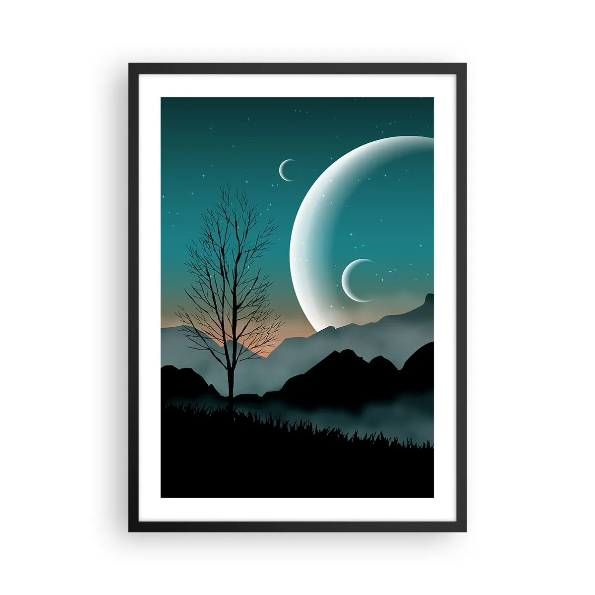 Pôster com moldura preta - Paisagem artística com a lua tendo como pano de fundo montanhas e árvores - 50x70cm - Carnaval de uma noite estrelada - Decoração de parede moderna para a sala de estar e quarto ARTTOR