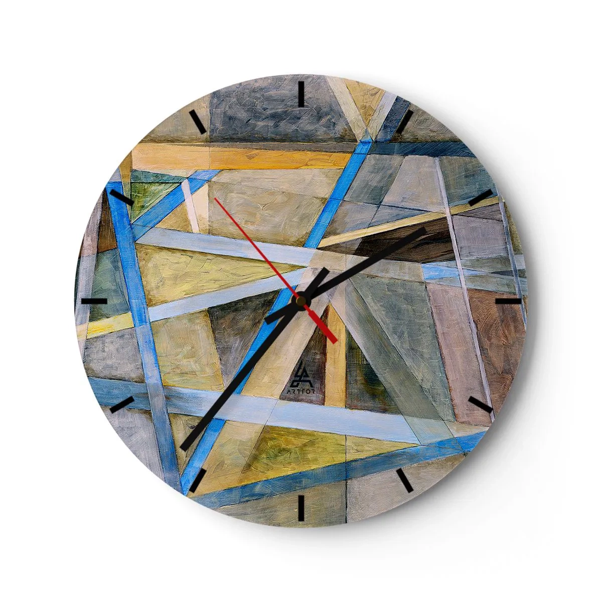 Relógio de parede - Relógio em vidro - Abstração geométrica com detalhes em amarelo e azul em um fundo neutro. - 30x30cm - Em linha reta ou na diagonal? - Decoração de parede moderna para a sala de estar, cozinha e quarto ARTTOR