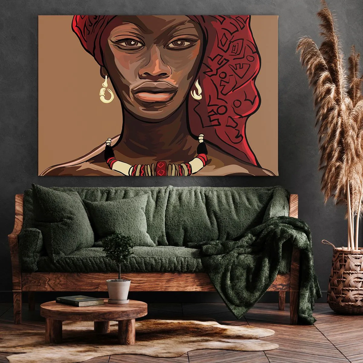 Quadro em tela - Retrato de uma mulher com um turbante vermelho sobre fundo bege - 70x50cm - Vénus de Ébano - Decoração de parede moderna para a sala de estar e quarto ARTTOR