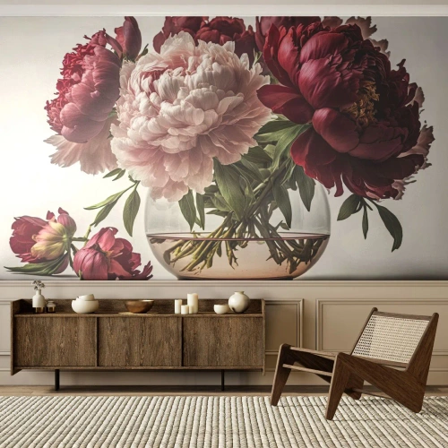 Papel de Parede Premium Sand - Em plena floração de beleza - Buquê de flores, Vaso, Peônias - 200x140 cm