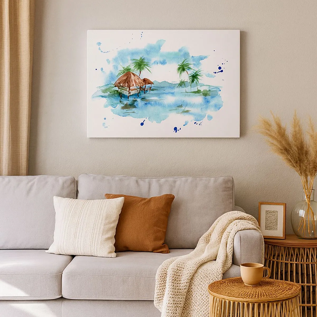 Quadro em tela - Pintura em aquarela de uma paisagem tropical com casas e palmeiras - 70x50cm - Algures no Pacífico - Decoração de parede moderna para a sala de estar e quarto ARTTOR