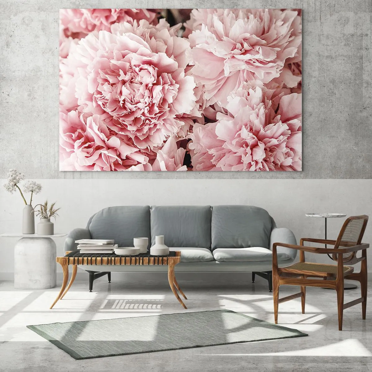 Quadro em vidro - Close-up de peônias rosas em plena floração - 70x50cm - Sonho rosa - Decoração de parede moderna para a sala de estar e quarto ARTTOR