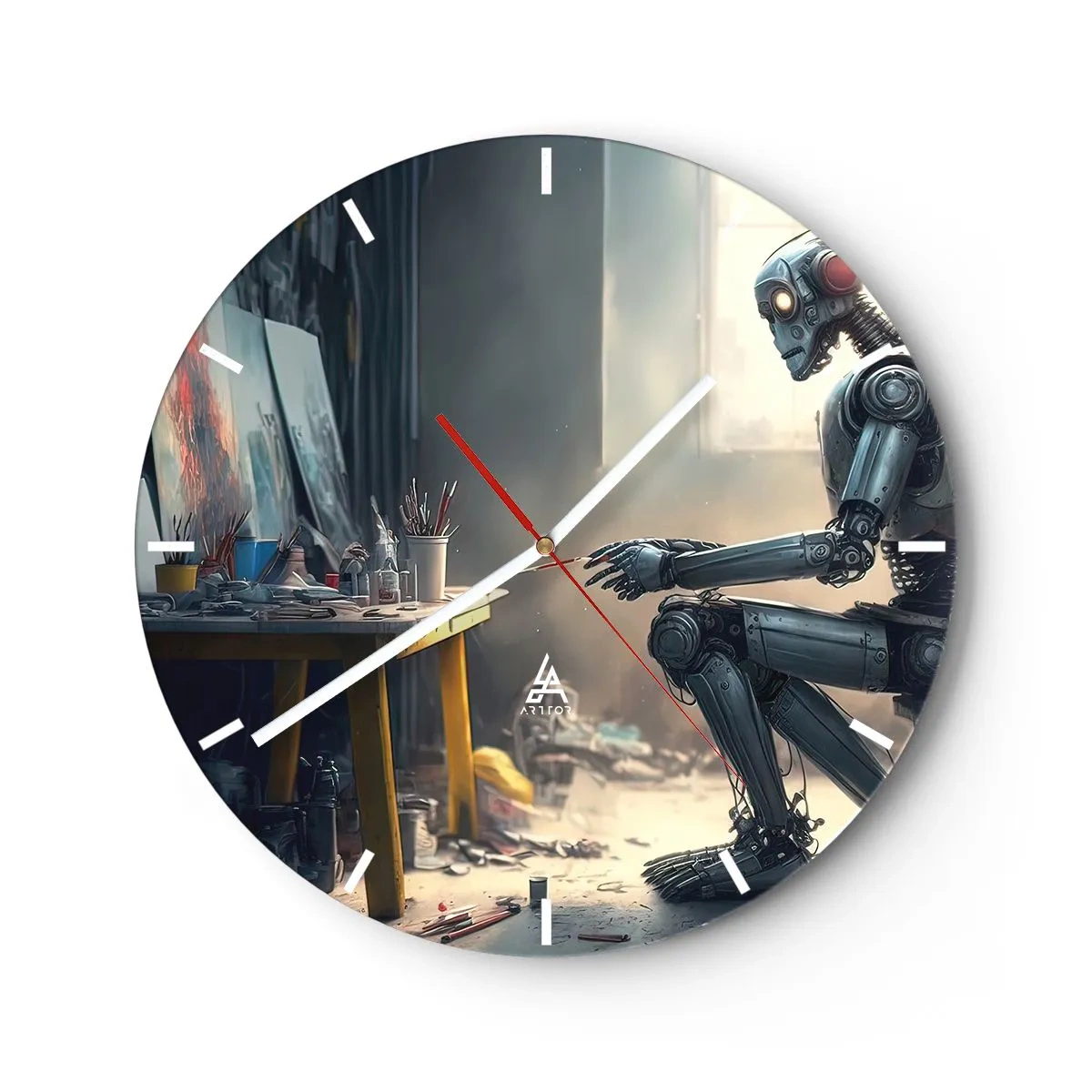 Relógio de parede - Relógio em vidro - Um robô em uma mesa de pintura em um estúdio de arte - 30x30cm - O ato de criação - Decoração de parede moderna para a sala de estar, cozinha e quarto ARTTOR