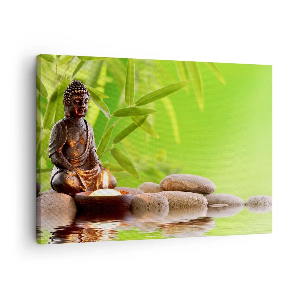 Quadro em tela - Figura de Buda com pedras e uma vela sobre um fundo de bambu - 70x50cm - A vida é linda - Decoração de parede moderna para a sala de estar e quarto ARTTOR
