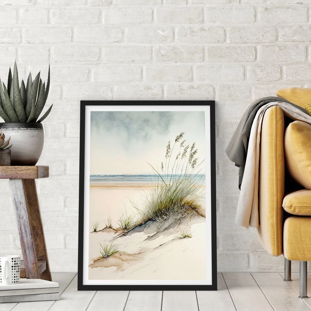 Pôster com moldura preta - Acariciadas pelo vento - ervas nas dunas da praia - 50x70cm - Mimado pelo vento - Decoração de parede moderna para a sala de estar e quarto ARTTOR
