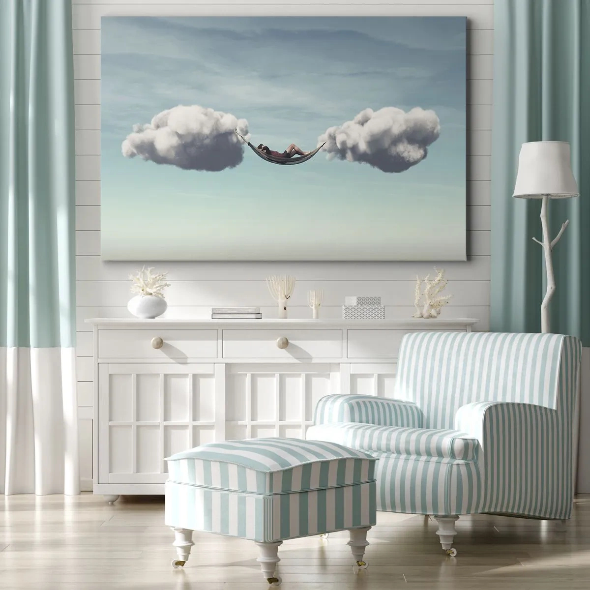 Quadro em tela - Uma pessoa relaxando em uma rede suspensa nas nuvens - 70x50cm - A felicidade do momento - Decoração de parede moderna para a sala de estar e quarto ARTTOR