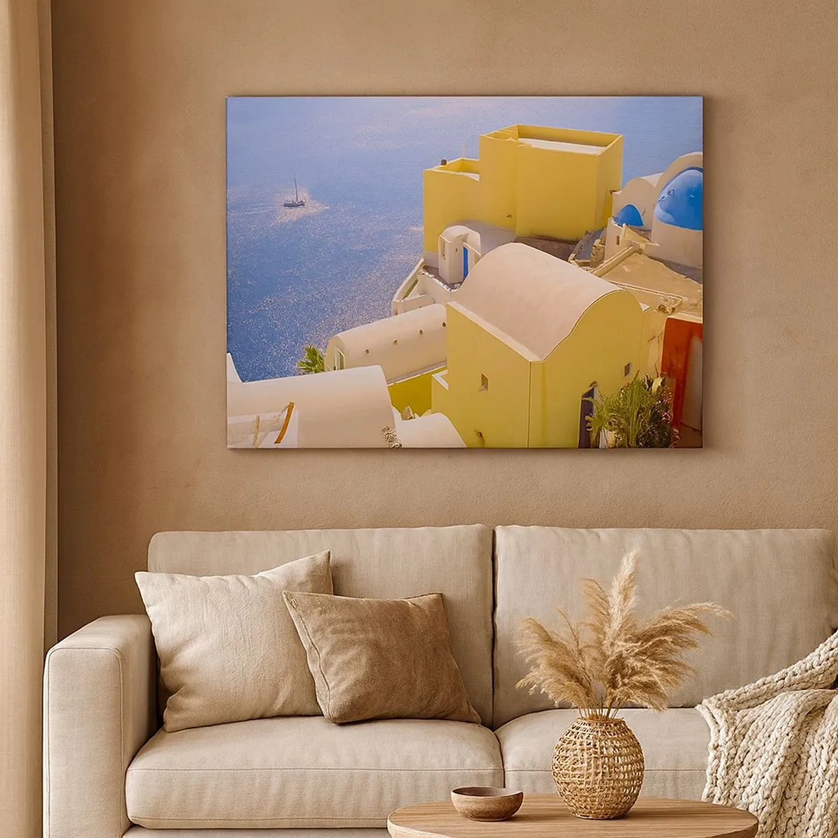 Quadro em tela - Arquitetura grega com vista para o mar e um barco ao fundo - 70x50cm - Paisagem grega em branco e azul - Decoração de parede moderna para a sala de estar e quarto ARTTOR