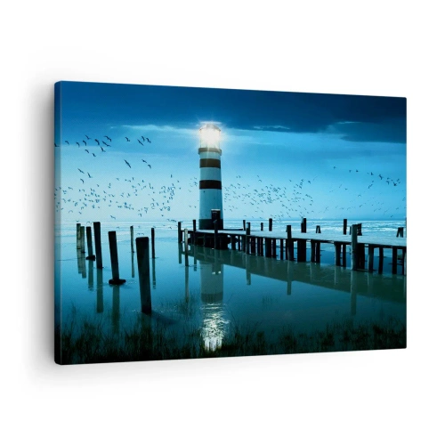 Quadro em tela - O farol no cais iluminado à noite - 70x50cm - E não se teme o escuro - Decoração de parede moderna para a sala de estar e quarto ARTTOR