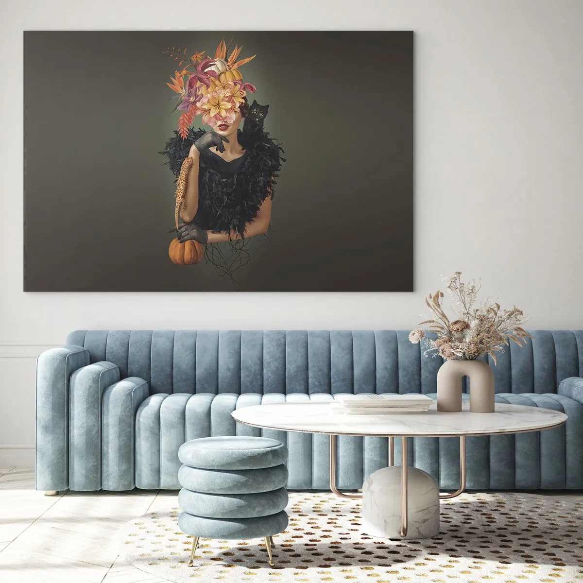 Quadro em vidro - Figura de uma mulher vestida de preto com uma abóbora, um gato e um arranjo de flores - 70x50cm - O feitiço da bruxa - Decoração de parede moderna para a sala de estar e quarto ARTTOR