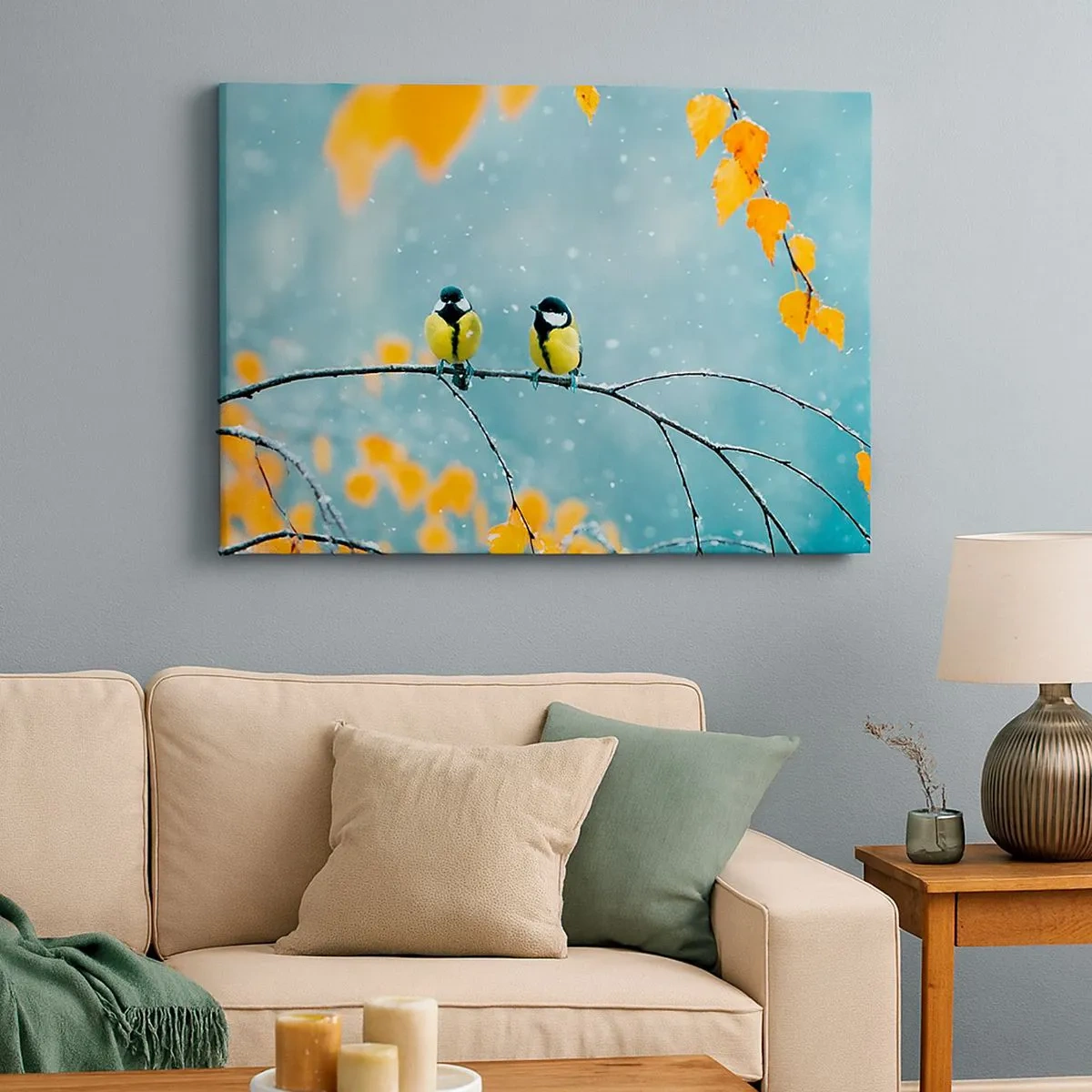 Quadro em tela - Dois pássaros em um galho em um cenário de inverno com folhas amarelas. - 70x50cm - Fofoca de pássaros - Decoração de parede moderna para a sala de estar e quarto ARTTOR