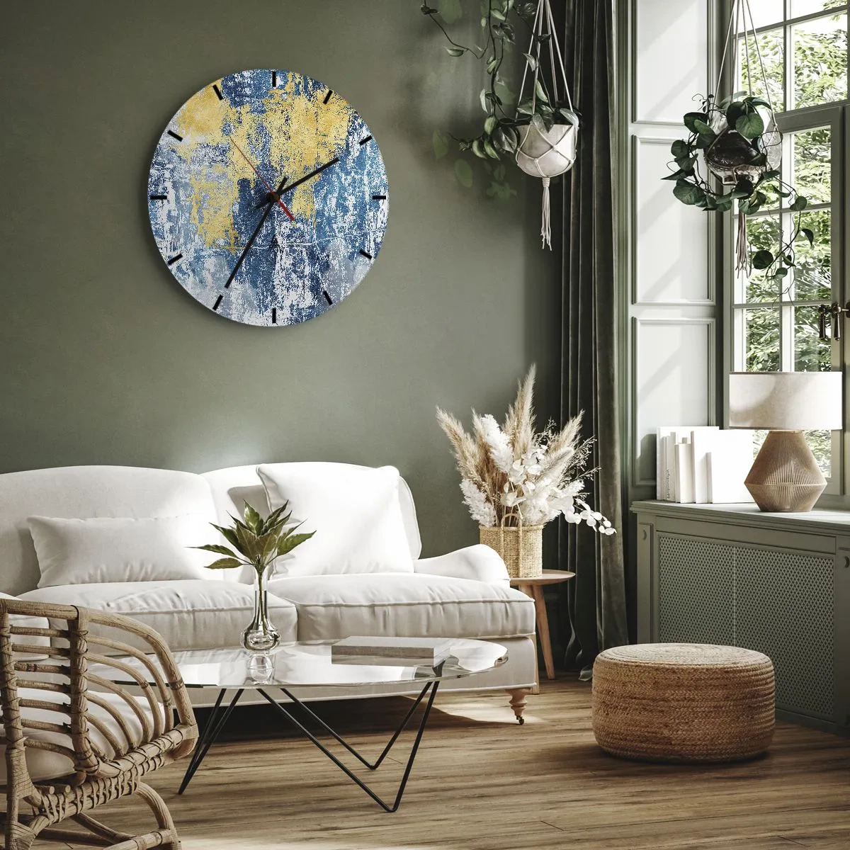 Relógio de parede - Relógio em vidro - Textura com detalhes em azul e dourado - 30x30cm - Abstração cheia de clima - Decoração de parede moderna para a sala de estar, cozinha e quarto ARTTOR