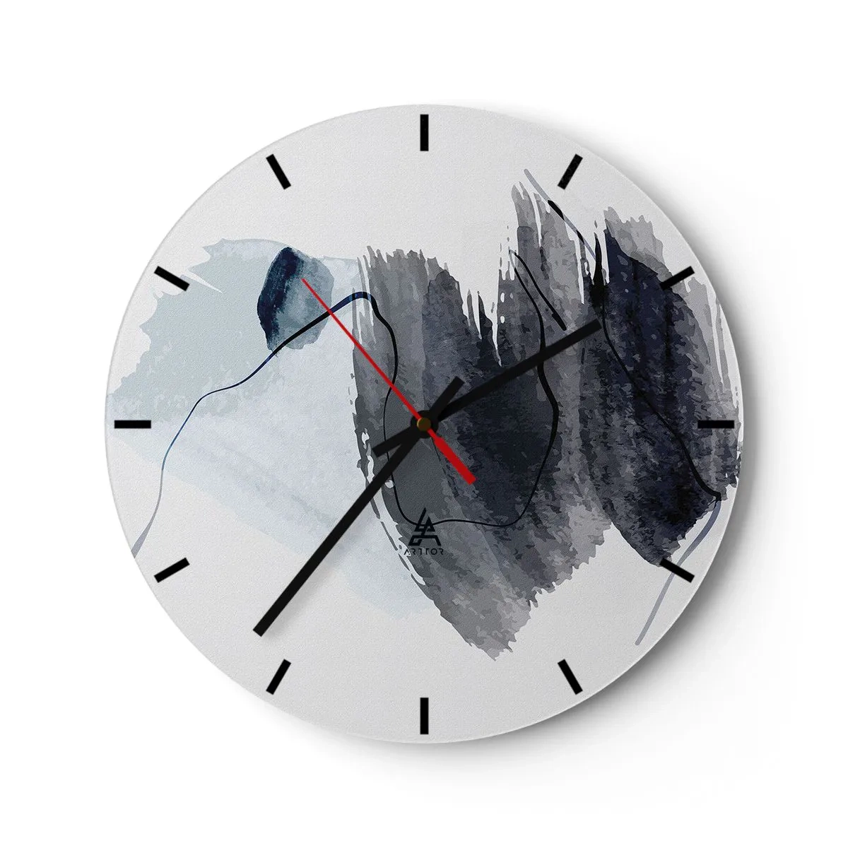 Relógio de parede - Relógio em vidro - Manchas de aquarela azul escuro em um fundo claro - 30x30cm - Intensidade e movimento - Decoração de parede moderna para a sala de estar, cozinha e quarto ARTTOR