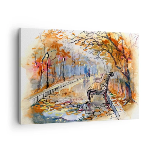 Quadro em tela - Um parque de outono com um banco em aquarela - 70x50cm - Juntos pelo outono - Decoração de parede moderna para a sala de estar e quarto ARTTOR