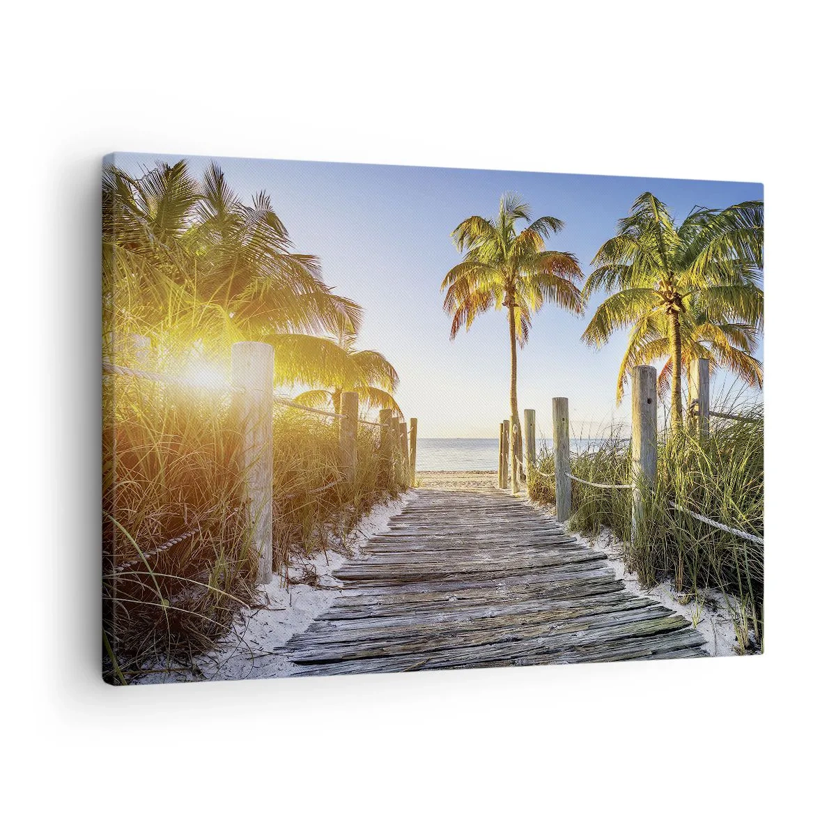 Quadro em tela - Caminho de madeira na praia com palmeiras ao fundo - 70x50cm - Direto para o paraíso - Decoração de parede moderna para a sala de estar e quarto ARTTOR