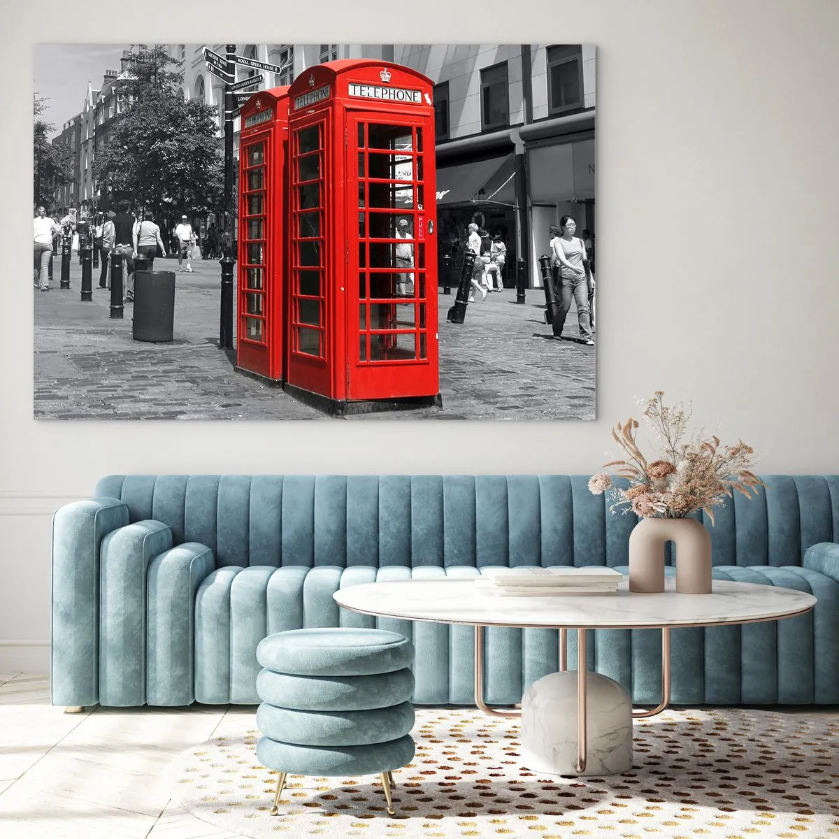Quadro em vidro - Cabines telefônicas vermelhas em uma rua de Londres - 70x50cm - Cabines telefónicas vermelhas - Decoração de parede moderna para a sala de estar e quarto ARTTOR