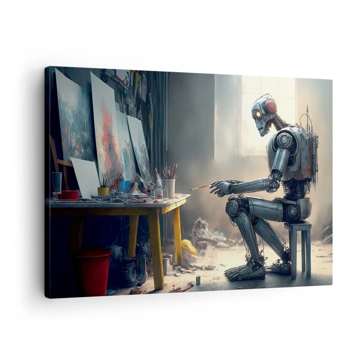 Quadro em tela - Um robô pintando um quadro em um estúdio de arte - 70x50cm - O ato de criação - Decoração de parede moderna para a sala de estar e quarto ARTTOR