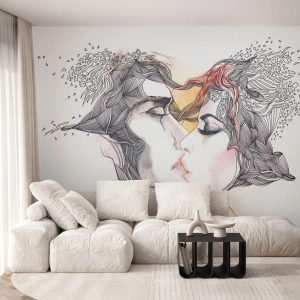 Papel de Parede Standard Eco - Beijo em uma ilustração artística - 100x70cm - O mundo não existe - Decoração de parede moderna para a sala de estar e quarto ARTTOR