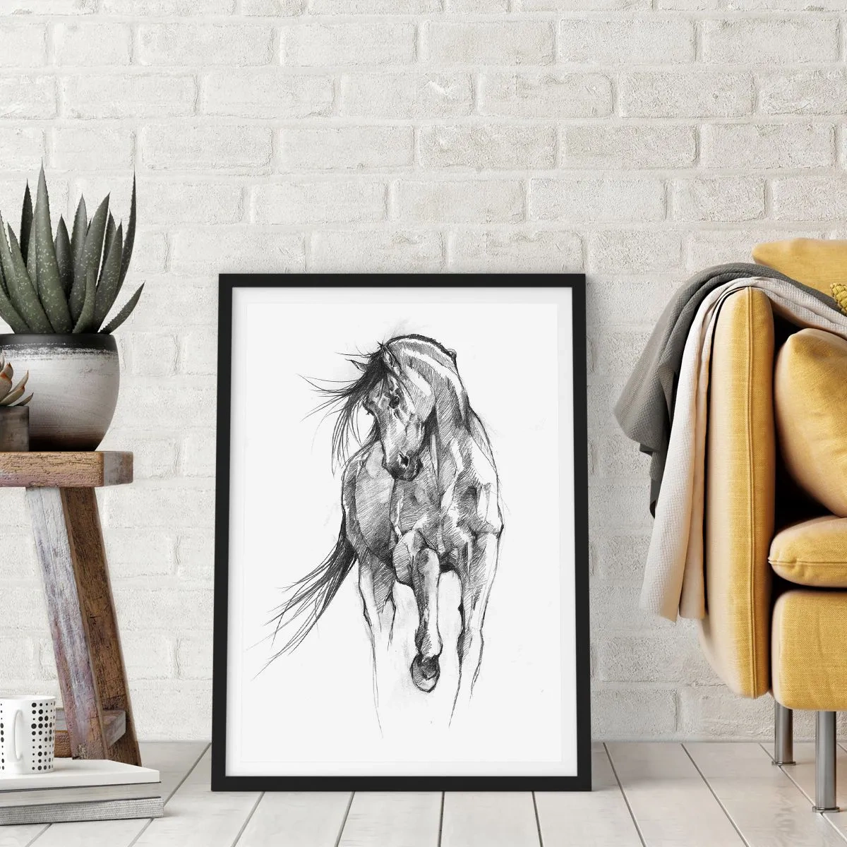 Pôster com moldura preta - Esboço de um cavalo em pose dinâmica - 50x70cm - Num trote gracioso - Decoração de parede moderna para a sala de estar e quarto ARTTOR