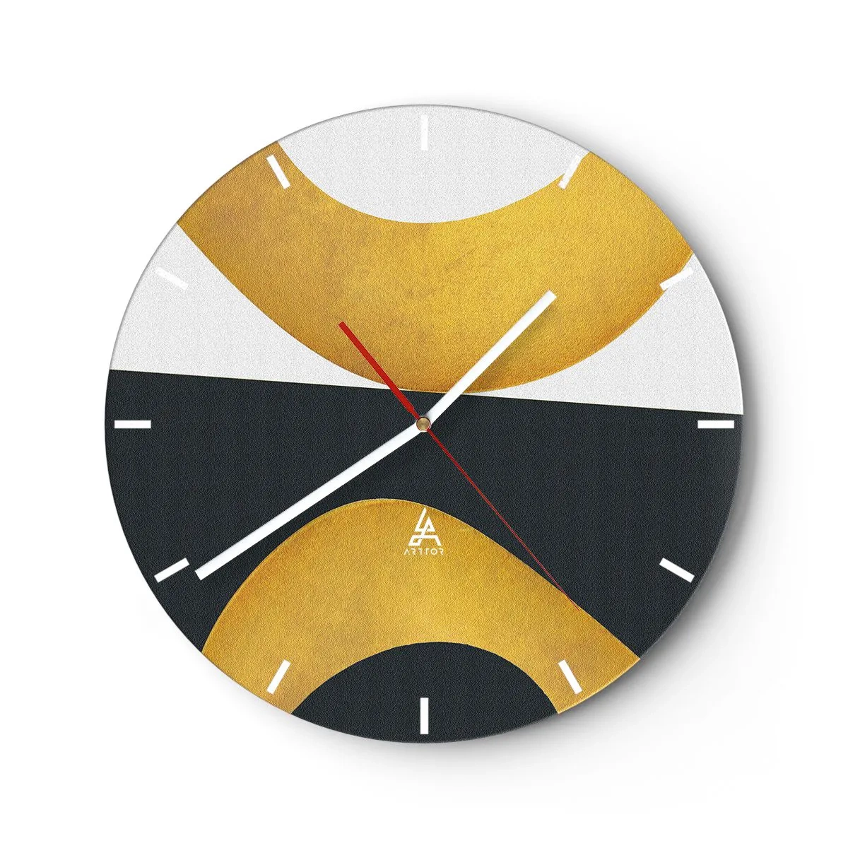 Relógio de parede - Relógio em vidro - Formas douradas abstratas em um fundo preto e branco - 30x30cm - Primeiro: ouro - Decoração de parede moderna para a sala de estar, cozinha e quarto ARTTOR