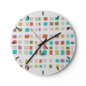 Relógio de parede - Relógio em vidro - Quadrados coloridos em um fundo branco em um estilo abstrato - 30x30cm - Jogo desconhecido - Decoração de parede moderna para a sala de estar, cozinha e quarto ARTTOR