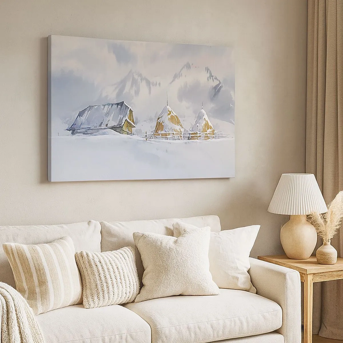 Quadro em tela - Paisagem de inverno com uma casa de campo e palheiros nas montanhas - 70x50cm - No vale nevado - Decoração de parede moderna para a sala de estar e quarto ARTTOR