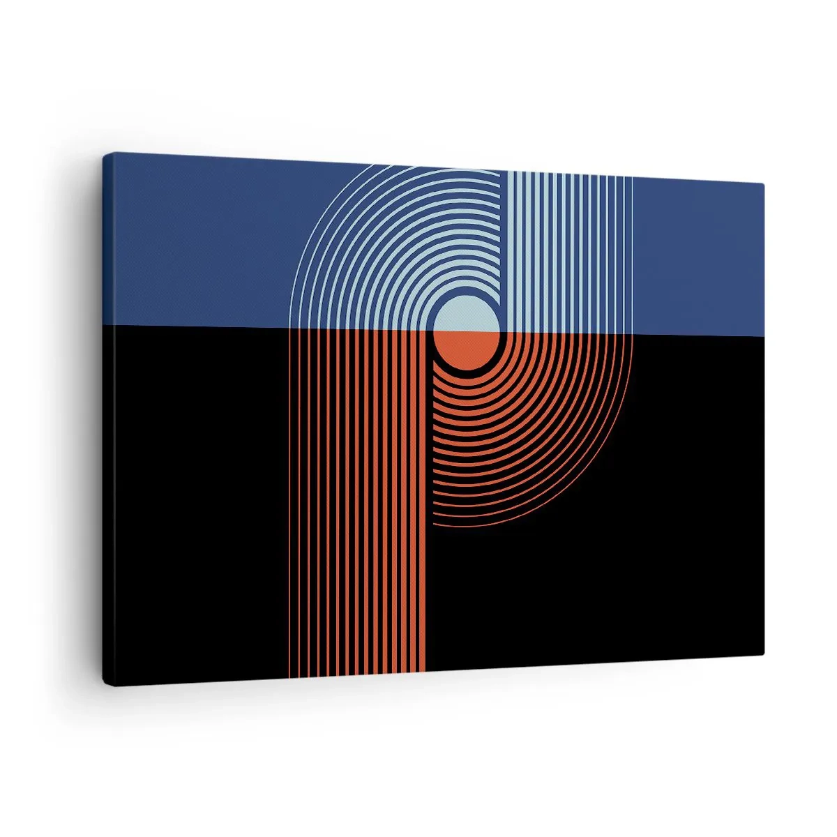 Quadro em tela - Abstração geométrica com linhas em azul marinho e laranja. - 70x50cm - Num abraço geométrico - Decoração de parede moderna para a sala de estar e quarto ARTTOR