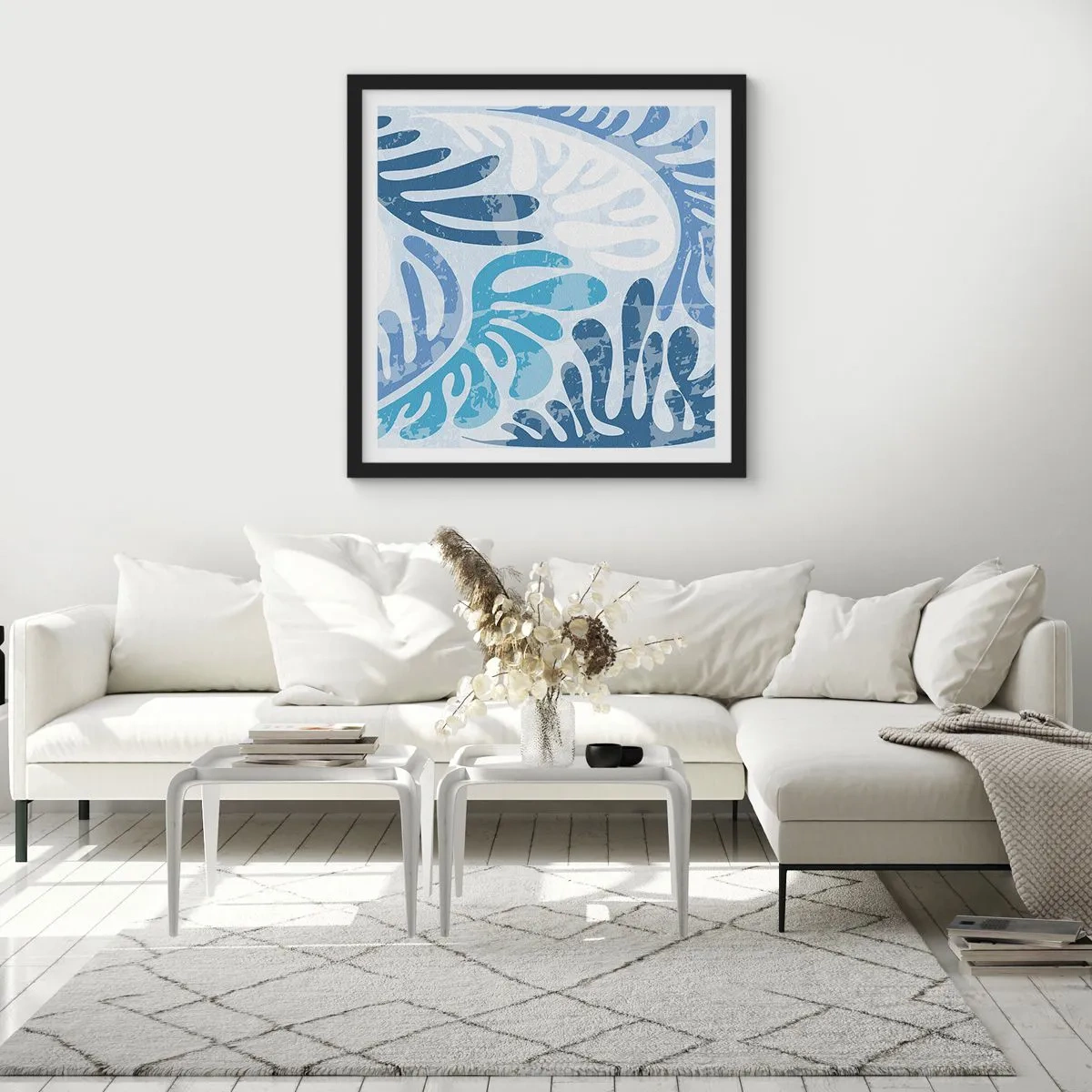 Pôster com moldura preta - Samambaias azuis - 60x60 cm