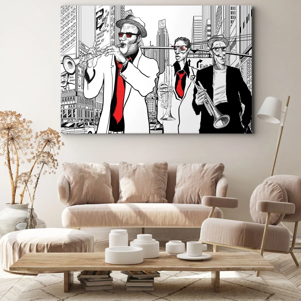 Quadro em tela - Ilustração de músicos de jazz em um cenário urbano - 70x50cm - Rapsódia urbana a preto e vermelho - Decoração de parede moderna para a sala de estar e quarto ARTTOR