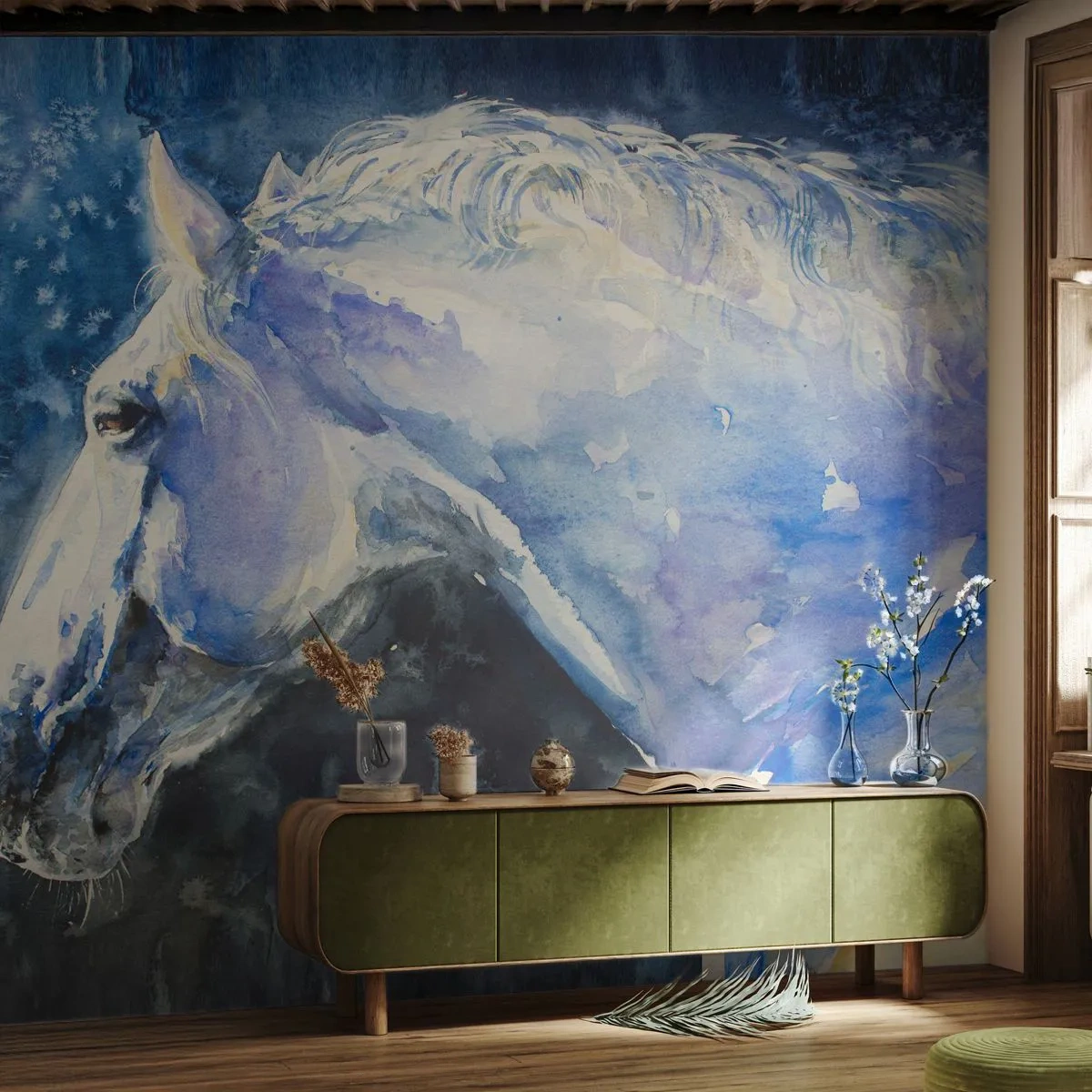 Papel de Parede Standard Eco - Retrato com um brilho azul - Cavalo, Pintura, Animais - 450x315 cm