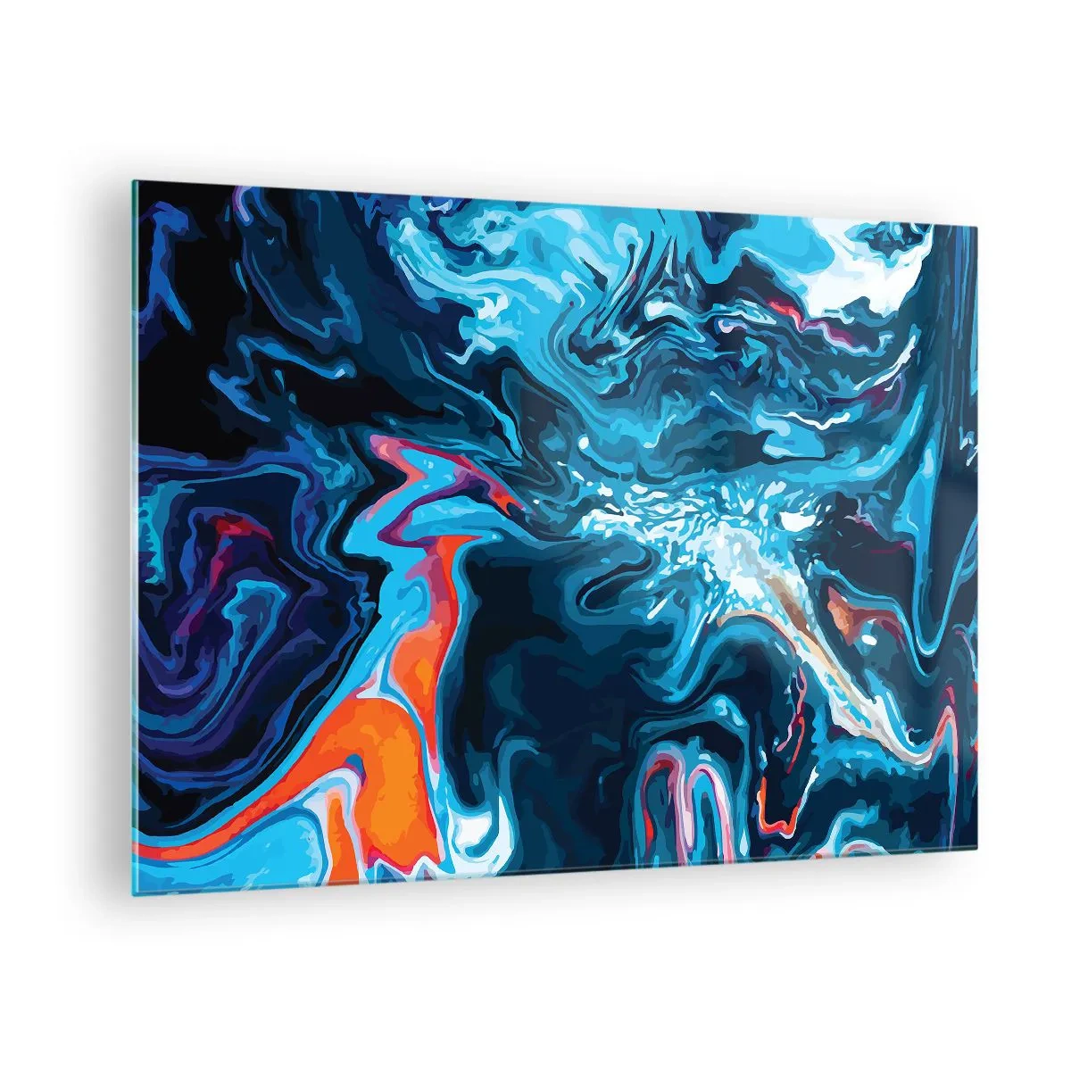 Quadro em vidro - Um padrão abstrato em tons de azul com detalhes em vermelho e branco. - 70x50cm - Viagem ao centro do céu - Decoração de parede moderna para a sala de estar e quarto ARTTOR