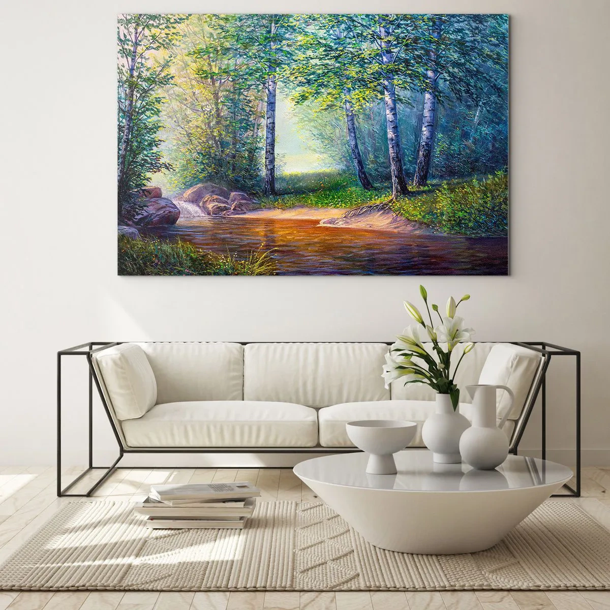 Quadro em vidro - Um riacho na floresta cercado por árvores sob os raios do sol - 70x50cm - Cenário idílico - Decoração de parede moderna para a sala de estar e quarto ARTTOR