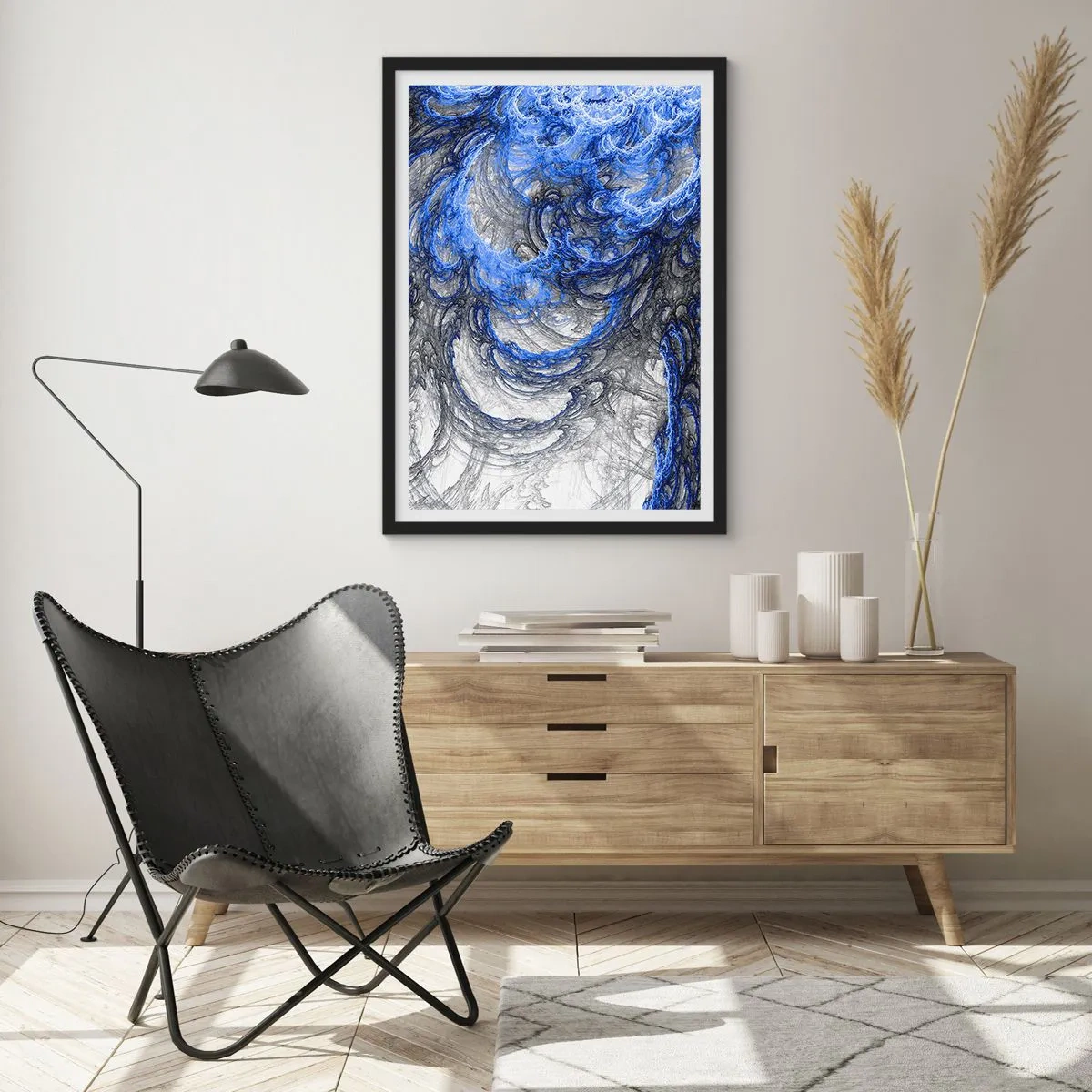 Pôster com moldura preta - Ondas abstratas em tons de azul e cinza - 50x70cm - O nascimento de uma onda - Decoração de parede moderna para a sala de estar e quarto ARTTOR