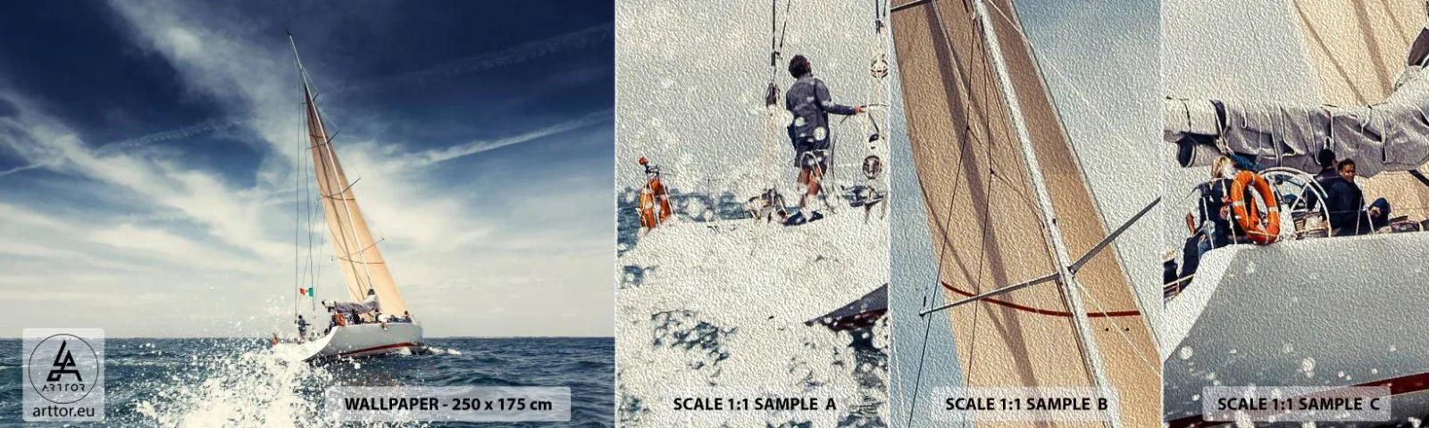 Amostra de papel de parede Premium Sand - Não nos alcançarão! - Barco a vela, oceano, Iate à vela - 100x30 cm